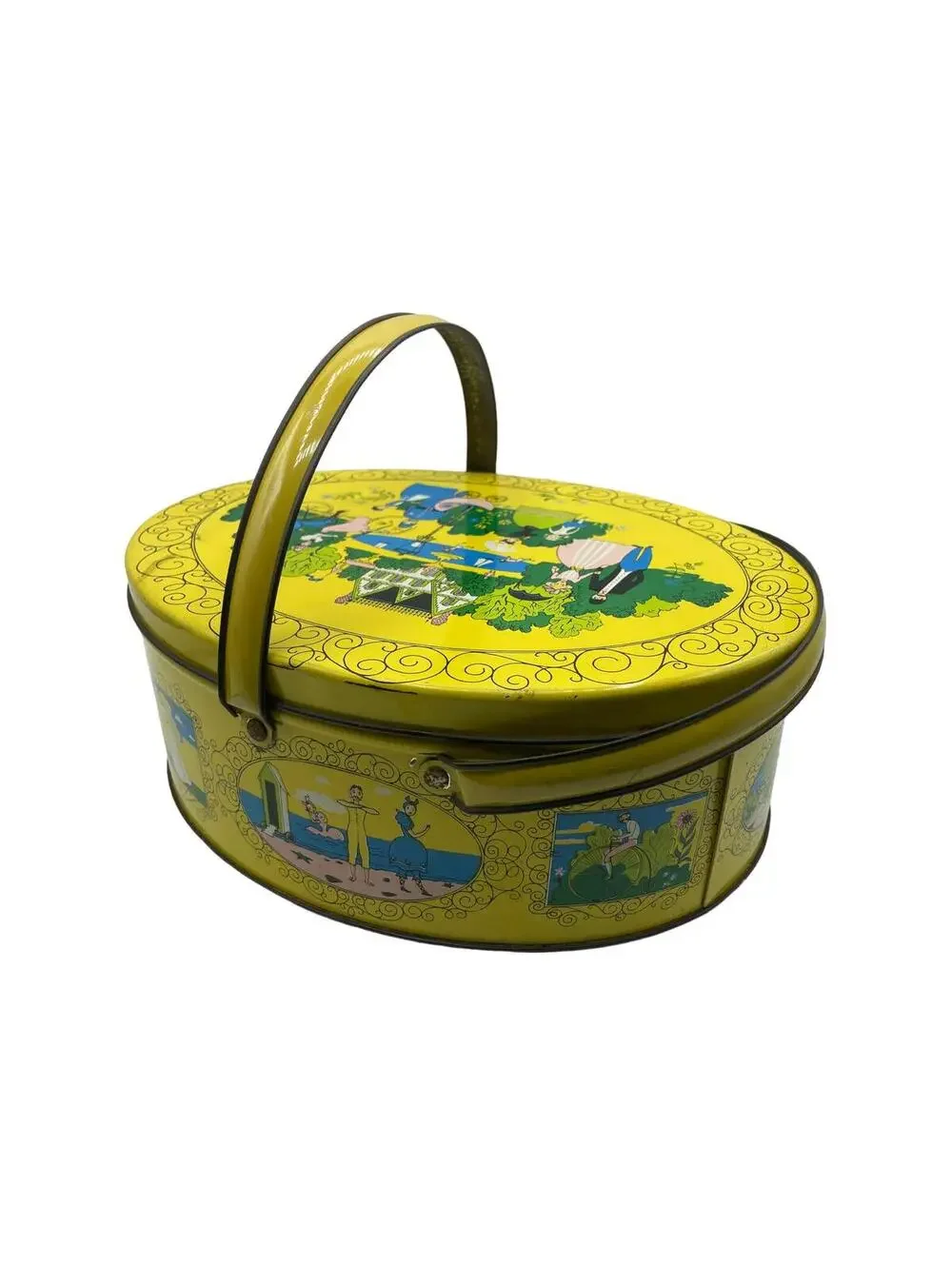 Vintage Yellow Tin Box: Victorian Couples Design, Farmhouse Storage